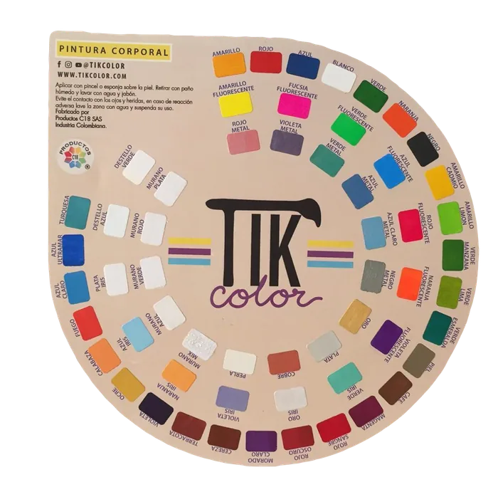 Carta de colores de la pintura corporal Tik Color: planos, fluorescentes, metalizados, iridiscentes y muranos